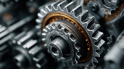 Fototapeta premium Rotating metal gears and interconnected parts of a large engine, symbolizing the heart of mechanical power and innovation