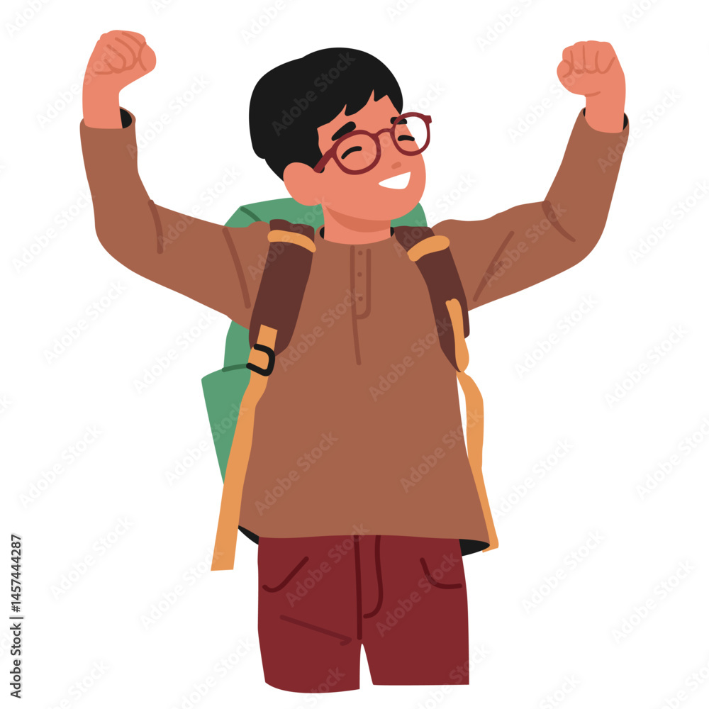 Poster happy smiling nerd boy cartoon geek character raising hands rejoicing start of education program