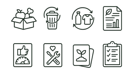 Line style icons of post-event sustainability: leftover sharing box, clean-up wheel icon, recycle and reuse zones, impact reflection sheet, feedback on eco-score, repair what’s damaged note, thank