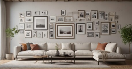 Modern living room, gallery wall of empty frames, diverse styles, artwork ,  sizes,  contemporary,  apartment