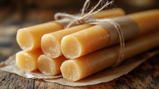 soft-focus close-up of handmade beeswax candles wrapped in parchment paper tied with thin ribbon muted golden tones warm ambient light cozy and natural feel 