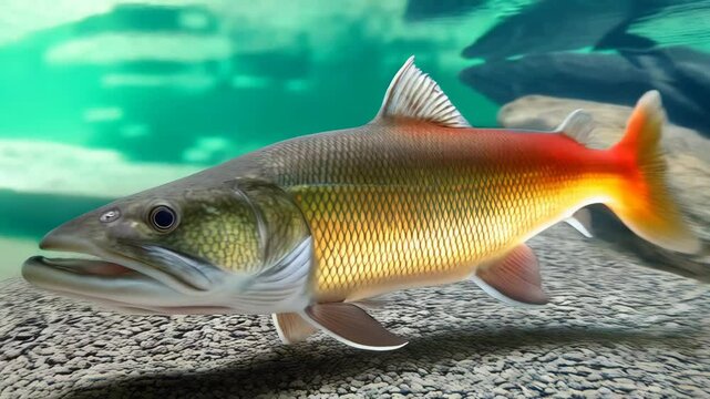Underwater view of largemouth bass swimming in freshwater habitat with rock formations and sandy bottom, showing its open mouth.