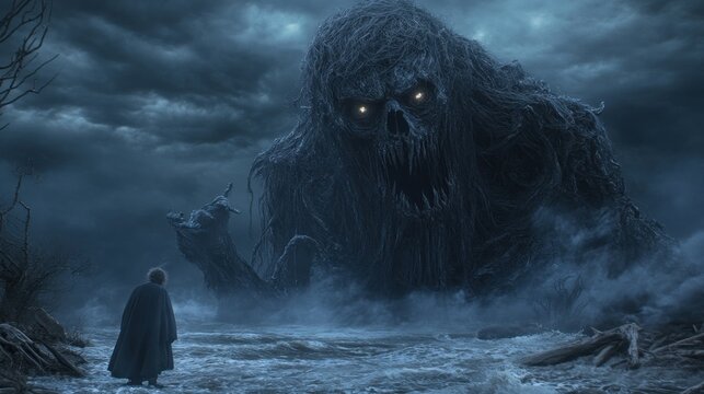 Dark fantasy monster on stormy shore