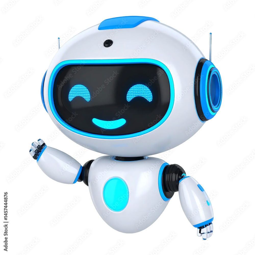 Poster happy 3d chatbot robot character – friendly ai assistant . artificial intelligence, trendy technolog