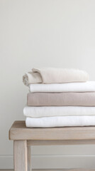 Minimalist bedroom design with folded linen bedding stack on wooden bench