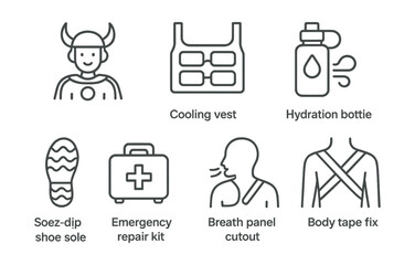Line style icons of cosplay safety and comfort: fan in costume icon, cooling vest pad, hydration bottle, anti-slip shoe sole, emergency repair kit, breath panel cutout, back support strap, body tape