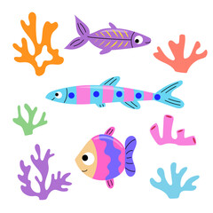 Set of tropical fish and corals