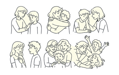 Line style icons of fan art emotional themes: comforting scene sketch, reunion hug redraw, hurt/comfort panel, first meet blush, tearful goodbye moment, found family board, joyful reimagining tag,