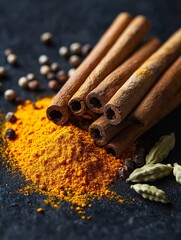 spilled turmeric, cardamom pods, and cinnamon sticks in a scattered arrangement vibrant oranges, yellows, and browns against a deep black backdrop 