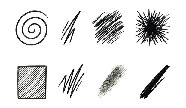 Line style icons of expressive mark-making: swirling stroke icon, sharp line gesture, layered brush trace, chaotic brush burst, controlled texture board, energy-filled mark, soft motion blend, bold