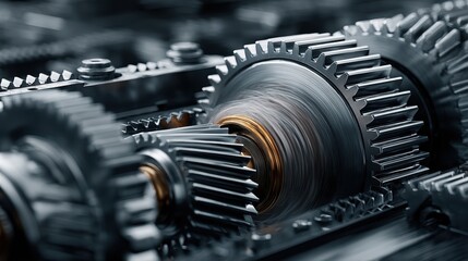 Fototapeta premium Dynamic machine with rotating gears and mechanisms in motion, illustrating industrial power and precision engineering