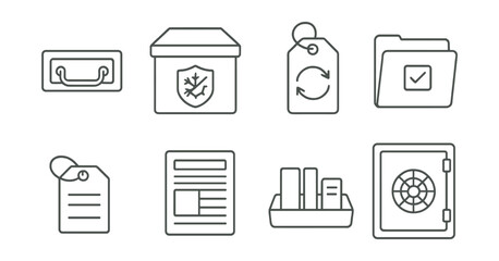Line style icons of archival and permanent collections: archive drawer handle, climate-safe storage, long-term collection tag, accession number card, research folder, curatorial record sheet, item