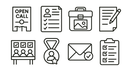 Line style icons of artist residency selection process: open call flyer, application form, portfolio icon, statement of intent page, jury panel board, selected artist badge, notification envelope,