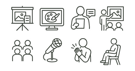 Line style icons of artist talks and presentations: slideshow setup, portfolio screen icon, artist statement speech, exhibit walkthrough, seated audience row, Q&A session mic, post-talk applause,