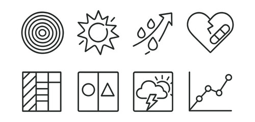 Line style icons of creative growth and healing: growth ring drawing, breakthrough splash, emotional release arrow, healing heart icon, color transformation strip, &ldquo;then and now&rdquo; panel, light after