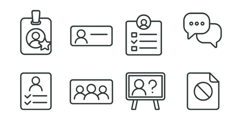 Line style icons of club organization: club organizer badge, member nameplate, signup form, group chat icon, attendance list sheet, group roles card, moderator question board, club rules symbol.