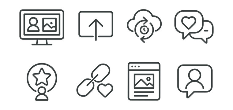 Line style icons of audience and sharing: portfolio page screen, post to social icon, time-lapse upload, likes and comments bubble, follower star badge, support me link, art platform feed, message
