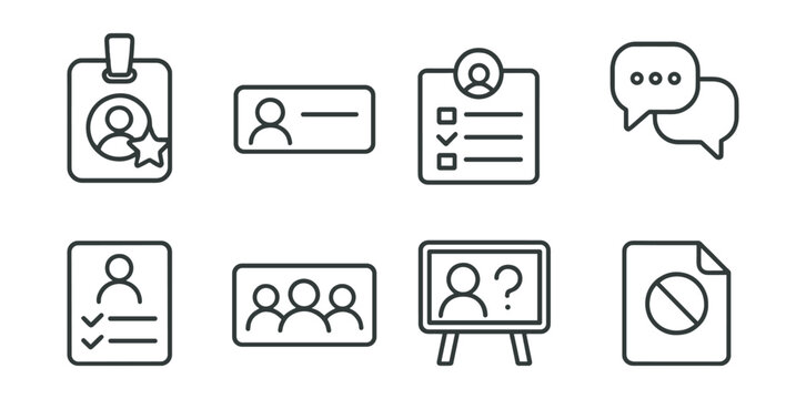 Line style icons of club organization: club organizer badge, member nameplate, signup form, group chat icon, attendance list sheet, group roles card, moderator question board, club rules symbol.