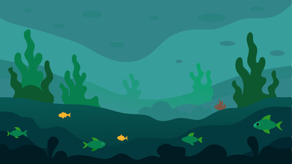 Algal Blooms An image of a coral reef choked by murky water and algae proliferation illustrating the impact of nutrient runoff with fish distressed by the lack of light.