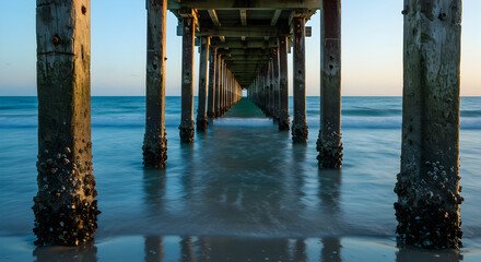 Calm Seaside View Underneath A Wooden Pier With Barnacles