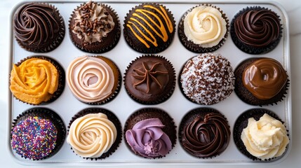 Overhead view of fifteen assorted gourmet cupcakes