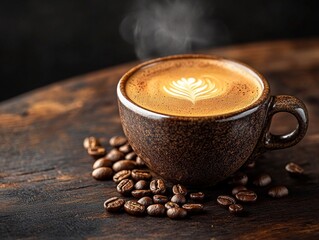 steaming cup of black coffee with crema, placed on a dark wooden table with scattered coffee beans, moody lighting, cinematic composition, warm and inviting -