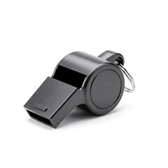 Black plastic whistle isolated on a white background. Simple sports and safety signaling device