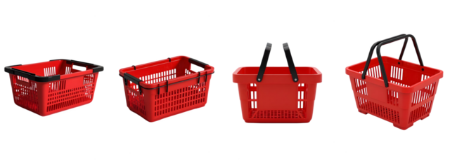 Red plastic shopping basket with black handles isolated on a white background