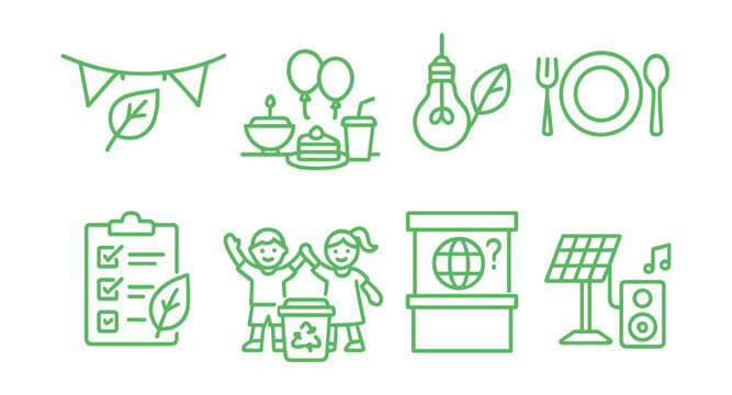 Line style icons of green school celebrations: eco fair banner, low-waste party table, upcycled decoration icon, reusable dish set, green event checklist, student-led eco games, climate quiz station,