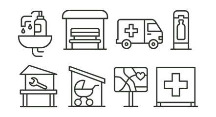 Line style icons of caring infrastructure: public sink with soap, rest bench with canopy, mobile medical unit, refill bottle station, repair table under shelter, covered stroller space, kindness map