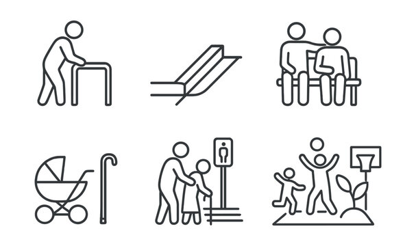 Line style icons of age-friendly cities: senior walking support bar, wide curb path, intergenerational bench moment, teen helping elder icon, stroller and cane together zone, patience crosswalk