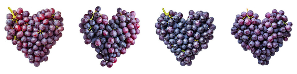 Fototapeta premium Set, group, collection of a heart made of fresh grapes isolated on a transparent background.