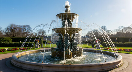 Tranquil Water Feature Fountain In Park Gardens With Sunny Blue Skies