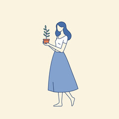 Nurturing Growth: A serene woman tenderly holds a potted plant, symbolizing growth, care, and the delicate balance of nature in a minimalist art style.