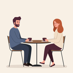Coffee Date: A charming illustration showcases a man and woman engaged in an intimate coffee date, sharing a moment of connection and conversation at a cozy table setting. 