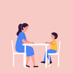 Conversation Between Mother and Son: A tender moment captured between a mother and her son as they share a friendly and engaging conversation at a table. Evoking a sense of warmth and connection.