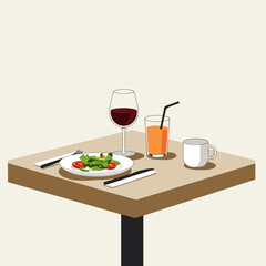 Tabletop Lunch Setting: An inviting tabletop scene, featuring a plate of fresh salad, a glass of red wine, a glass of juice, and a coffee cup.