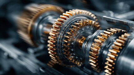 Steel gear mechanism in motion, illustrating the inner workings of a powerful industrial engine and the mechanical elegance of its design