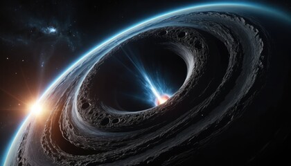 A stunning close-up of a black hole, intense gravitational warping