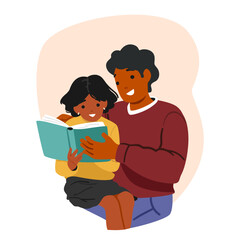 Happy father with cheerful daughter reading book together enjoying evening pastime cartoon scene