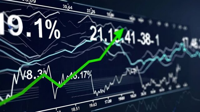 A line graph and numerical data in the  market represent business success and growth, depicted through an abstract financial chart on a screen display with a loop animation