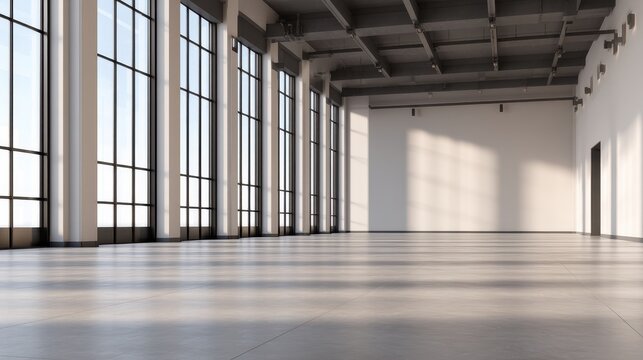 Spacious modern interior with large windows, natural light flooding in, ideal for events