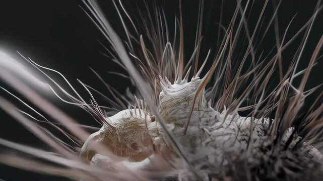 Abstract organic texture, intricate surface with needle-like elements, close-up, 3D render, complex patterns, gray tones, artistic composition, unusual structure