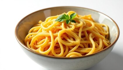 Close-up of noodles in a bowl, white background, chinese food, asian food