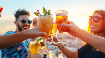 Group of friends toasting with bunny mary cocktails at sunset celebration