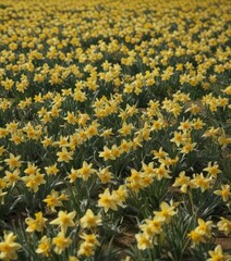 Obraz premium Dense carpet of daffodils, swaying gently in breeze, daffodils, light