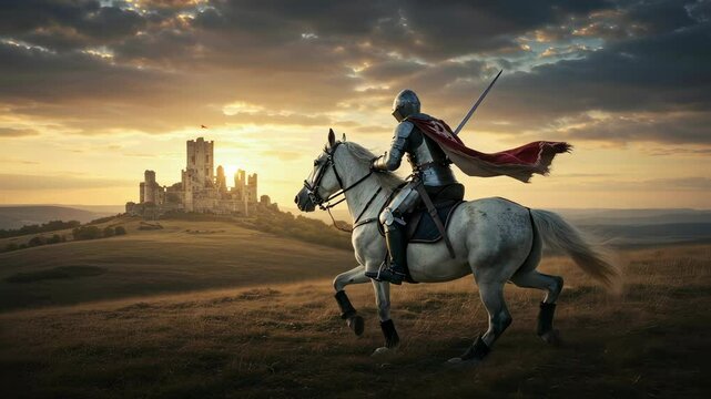 Knight on horseback riding across field. Majestic medieval castle in background at sunset. Brave equestrian warrior in armor for historical adventure concept.