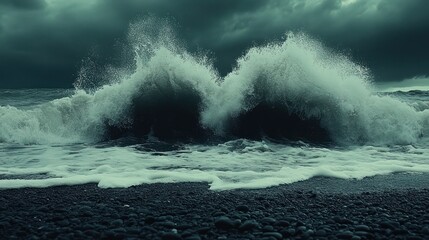 Powerful waves crashing on a dark beach under a stormy sky