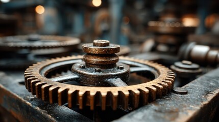 Vintage mechanical system with exposed gears and cogs working together to create motion and power, symbolizing industrial heritage
