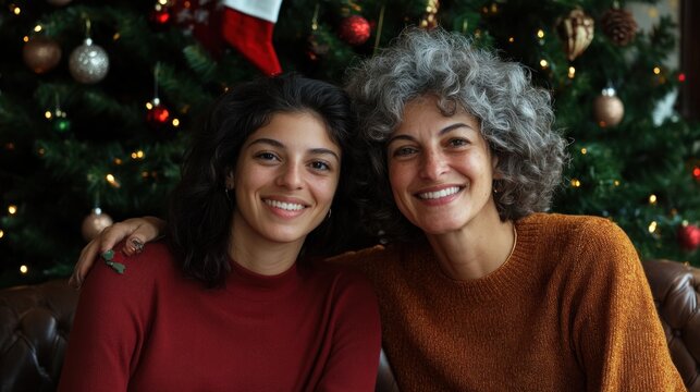 Holiday cheer mother and daughter by christmas tree
